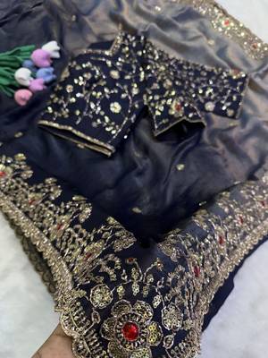 Neavy Blue Color Sequins and Diamond work  fendy satin Saree 2