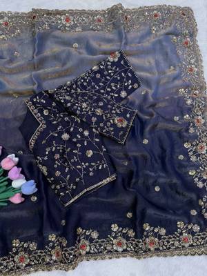 Neavy Blue Color Sequins and Diamond work  fendy satin Saree 3