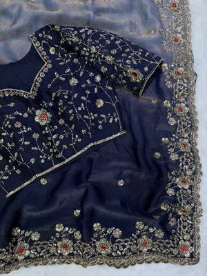 Neavy Blue Color Sequins and Diamond work  fendy satin Saree 4