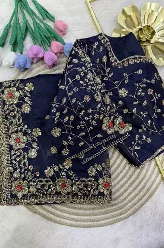 Neavy Blue Color Sequins and Diamond work  fendy satin Saree