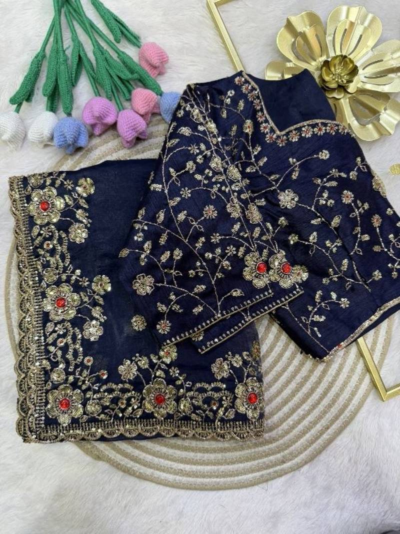 Neavy Blue Color Sequins and Diamond work  fendy satin Saree