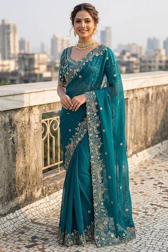 Peacock Blue Color Sequins and zari embroidery work Satin Saree