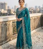 Peacock Blue Color Sequins and zari embroidery work Satin Saree