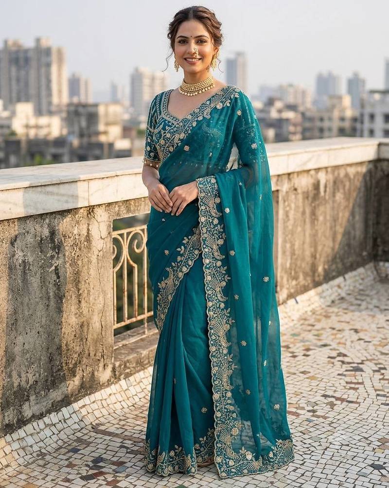 Peacock Blue Color Sequins and zari embroidery work Satin Saree