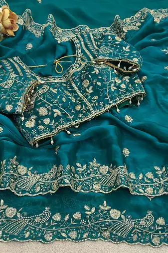 Peacock Blue Color Sequins and zari embroidery work Satin Saree