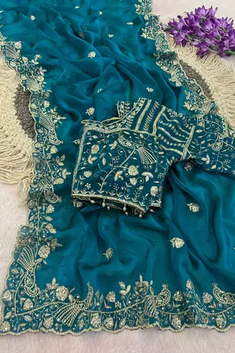 Peacock Blue Color Sequins and zari embroidery work Satin Saree