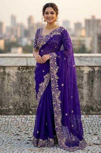 Purple Color Sequins and zari embroidery work Satin Saree