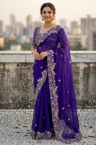 Purple Color Sequins and zari embroidery work Satin Saree