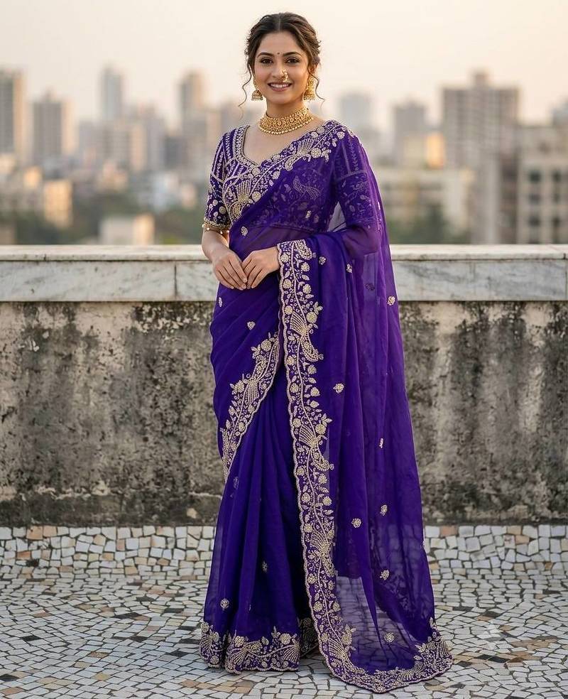 Purple Color Sequins and zari embroidery work Satin Saree