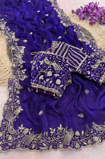 Purple Color Sequins and zari embroidery work Satin Saree