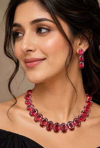 Ruby ad stone rhodium-plated necklace set with earrings