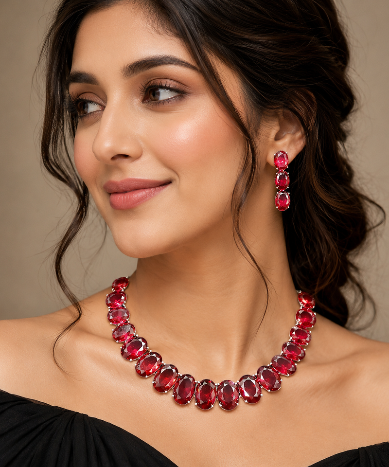 Ruby ad stone rhodium-plated necklace set with earrings