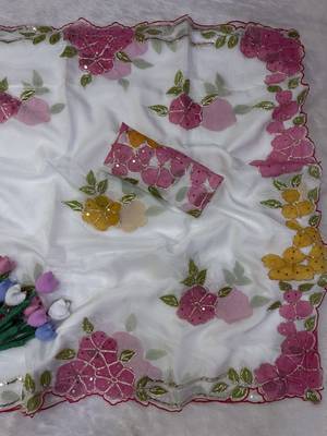 White Color Ribbon and sequin work silk blend saree  2