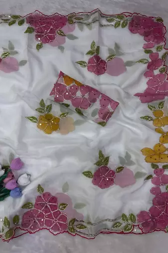 White Color Ribbon and sequin work silk blend saree 