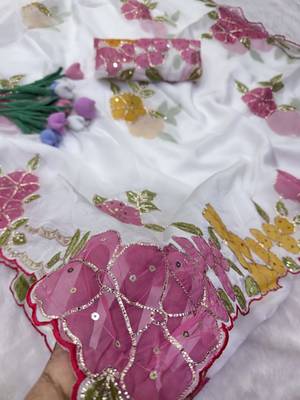 White Color Ribbon and sequin work silk blend saree  3