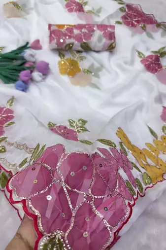 White Color Ribbon and sequin work silk blend saree 