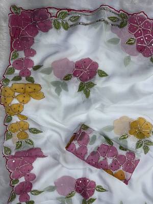 White Color Ribbon and sequin work silk blend saree  4