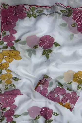 White Color Ribbon and sequin work silk blend saree 
