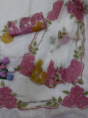 White Color Ribbon and sequin work silk blend saree  5