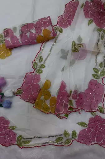 White Color Ribbon and sequin work silk blend saree 