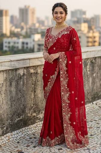 Red Color Sequins and zari embroidery work Satin Saree