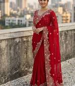 Red Color Sequins and zari embroidery work Satin Saree