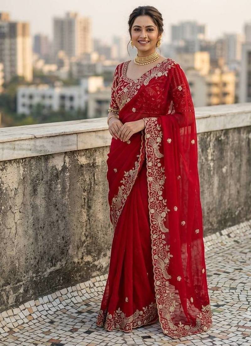 Red Color Sequins and zari embroidery work Satin Saree