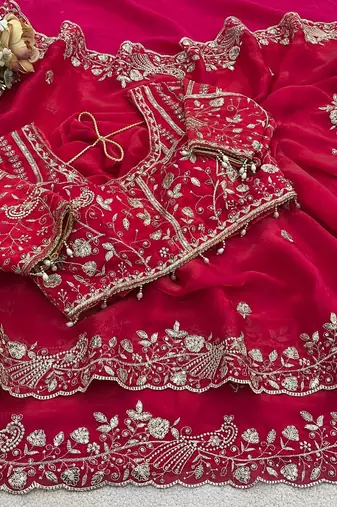 Red Color Sequins and zari embroidery work Satin Saree