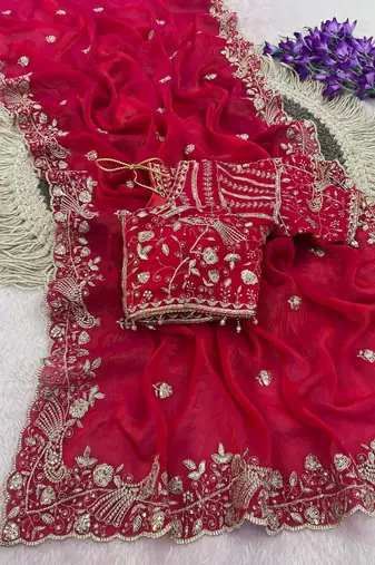 Red Color Sequins and zari embroidery work Satin Saree