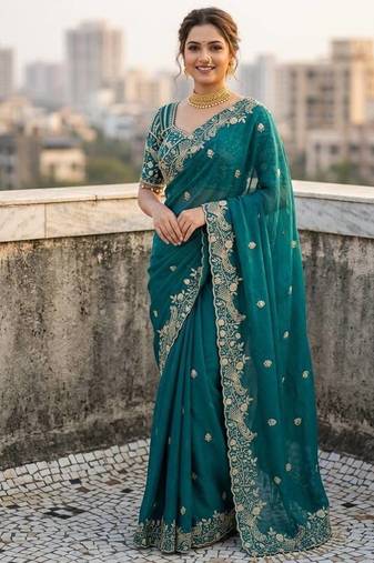 Teal Color Sequins and zari embroidery work Satin Saree
