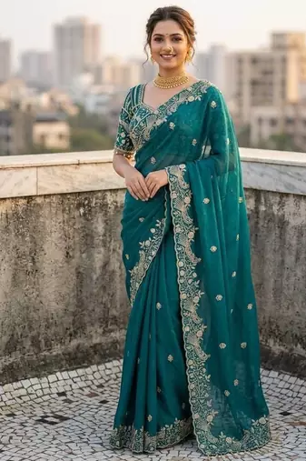 Teal Color Sequins and zari embroidery work Satin Saree