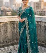 Teal Color Sequins and zari embroidery work Satin Saree