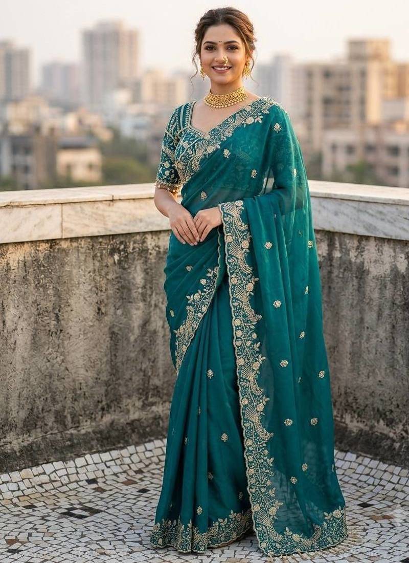 Teal Color Sequins and zari embroidery work Satin Saree