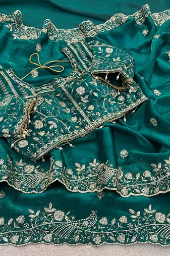 Teal Color Sequins and zari embroidery work Satin Saree