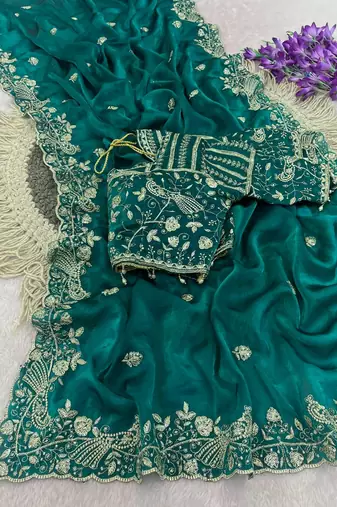 Teal Color Sequins and zari embroidery work Satin Saree