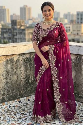 Wine Color Sequins and zari embroidery work Satin Saree