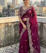 Wine Color Sequins and zari embroidery work Satin Saree