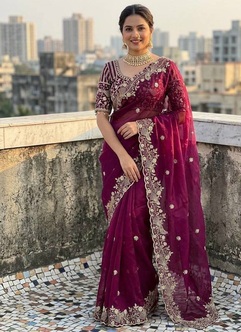 Wine Color Sequins and zari embroidery work Satin Saree