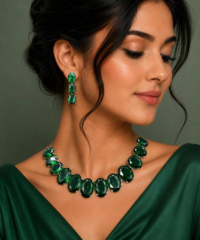 Green ad stone rhodium-plated necklace set with earrings
