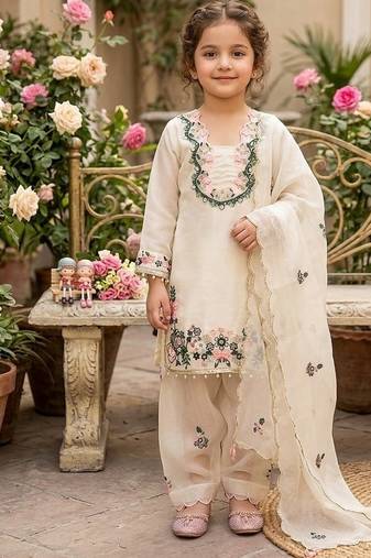 Kids off-white fendy silk embroidered workkurta with farsi plazzo and dupatta