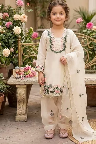 Kids off-white fendy silk embroidered workkurta with farsi plazzo and dupatta