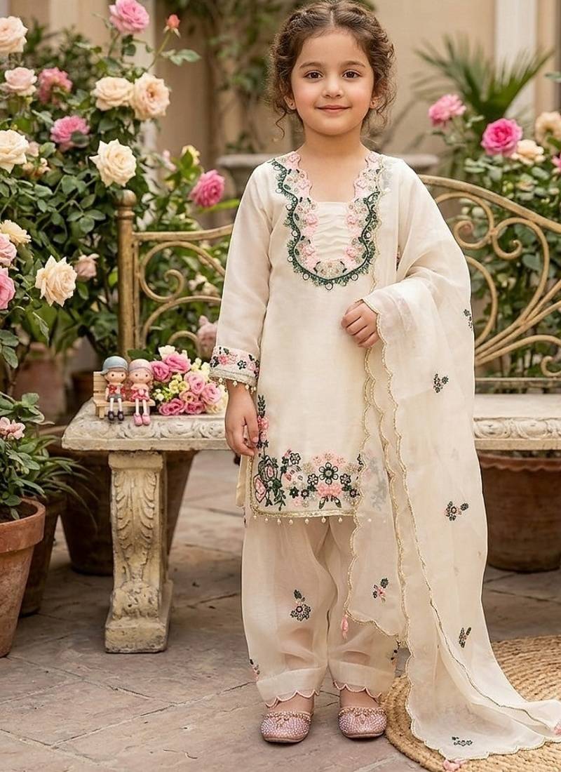 Kids off-white fendy silk embroidered workkurta with farsi plazzo and dupatta
