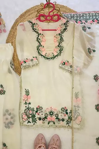 Kids off-white fendy silk embroidered workkurta with farsi plazzo and dupatta