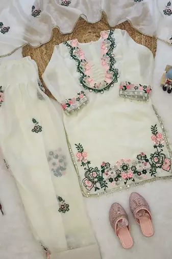 Kids off-white fendy silk embroidered workkurta with farsi plazzo and dupatta