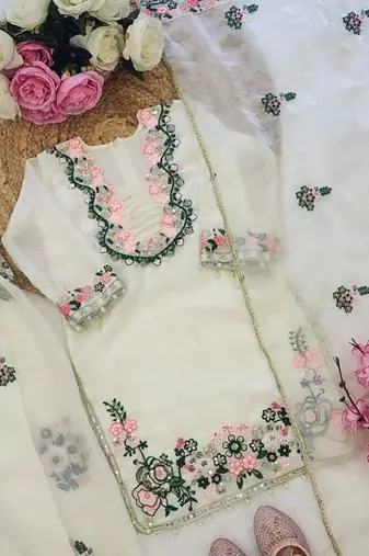 Kids off-white fendy silk embroidered workkurta with farsi plazzo and dupatta