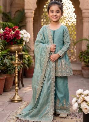 Kids girls sea green fendy silk peplum kurti with palazzo and dupatta set 1