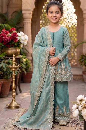 Kids girls sea green fendy silk peplum kurti with palazzo and dupatta set