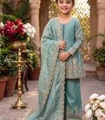 Kids girls sea green fendy silk peplum kurti with palazzo and dupatta set