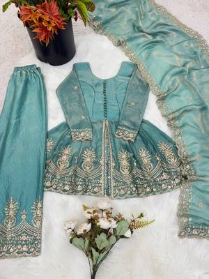 Kids girls sea green fendy silk peplum kurti with palazzo and dupatta set 2