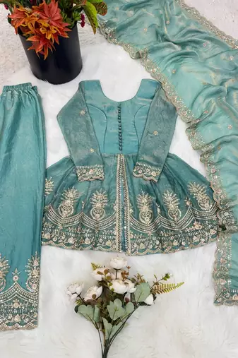 Kids girls sea green fendy silk peplum kurti with palazzo and dupatta set